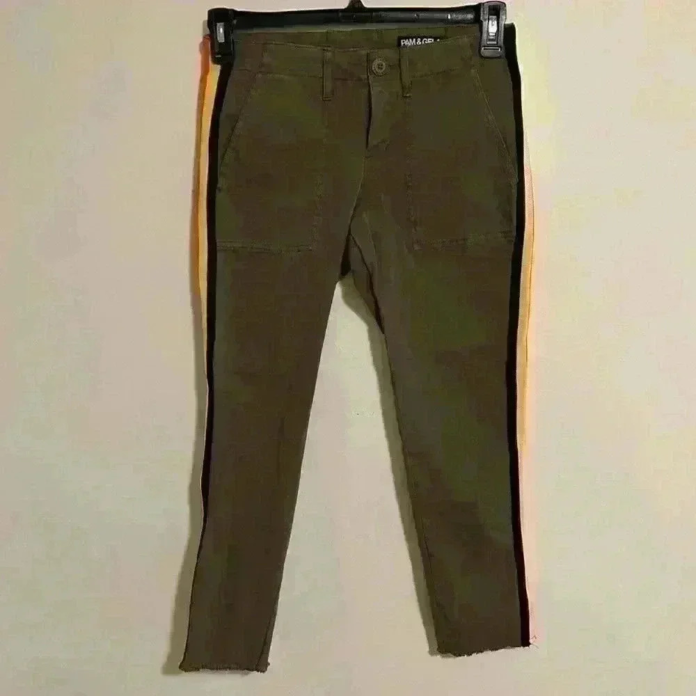 pam and gela Military Uniform Side Stripe Step Hem Jean Pants Size 26 Olive